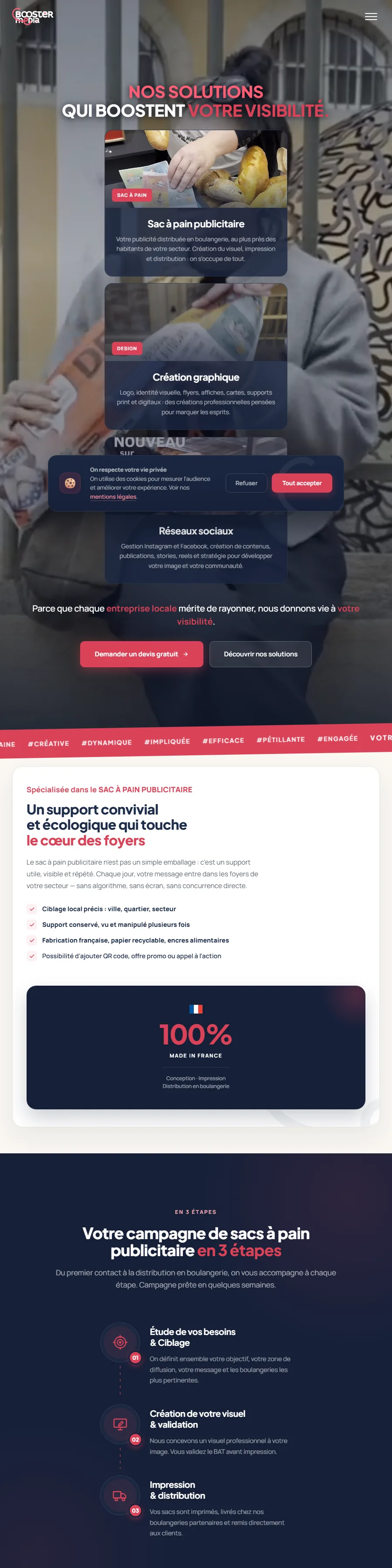 Page complète du site créé pour Booster Media
