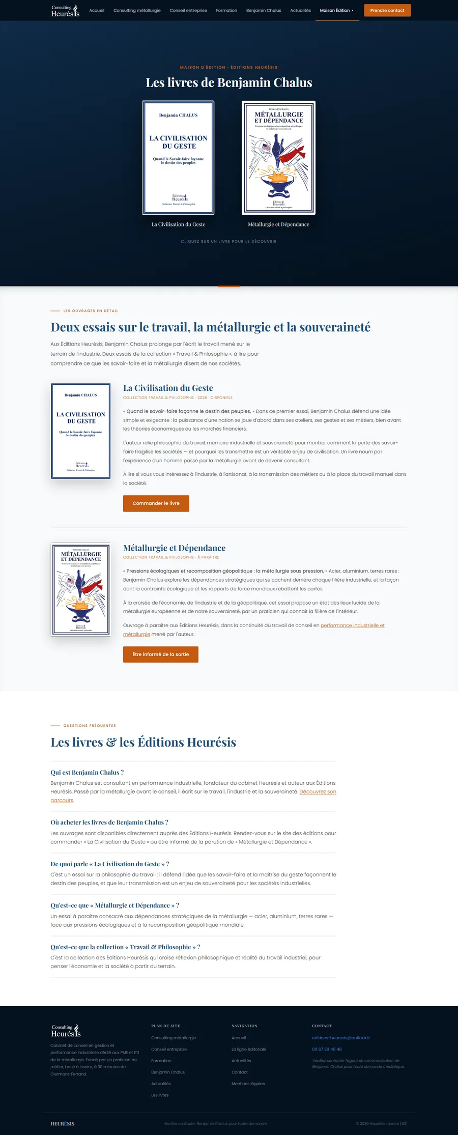Page complète du site créé pour Éditions Heurésis